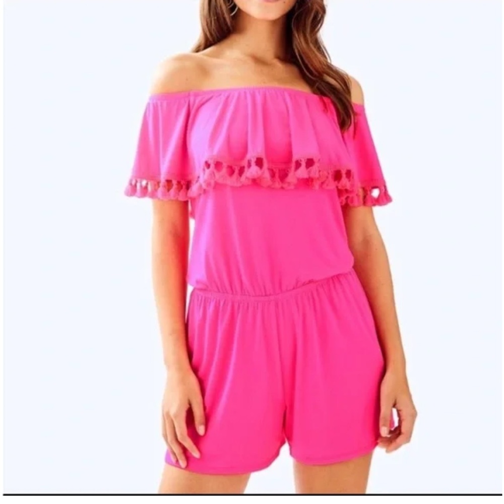 Lilly Pulitzer La Fortuna Off Shoulder Romper size S pink Cosmo Tassels
